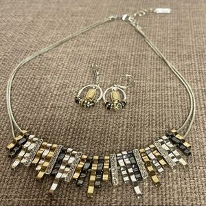 NINE West Tri Tone necklace earrings set sparkly multi metal silver gold copper